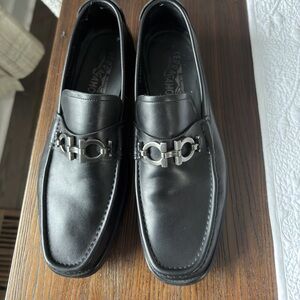 Salvatore Ferragamo Black Leather Loafers with Silver Accent